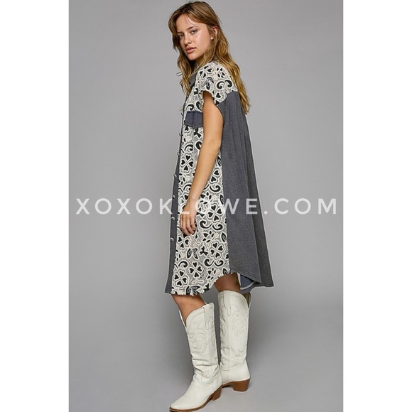 POL Ink Black Crochet Lace + Waffle Short Sleeve Button Up Shirt Dress - Picture 5 of 12